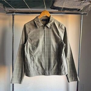 Vintage Preppy Lightweight Karen Scott Plaid Sage Green and White Zip-up Jacket